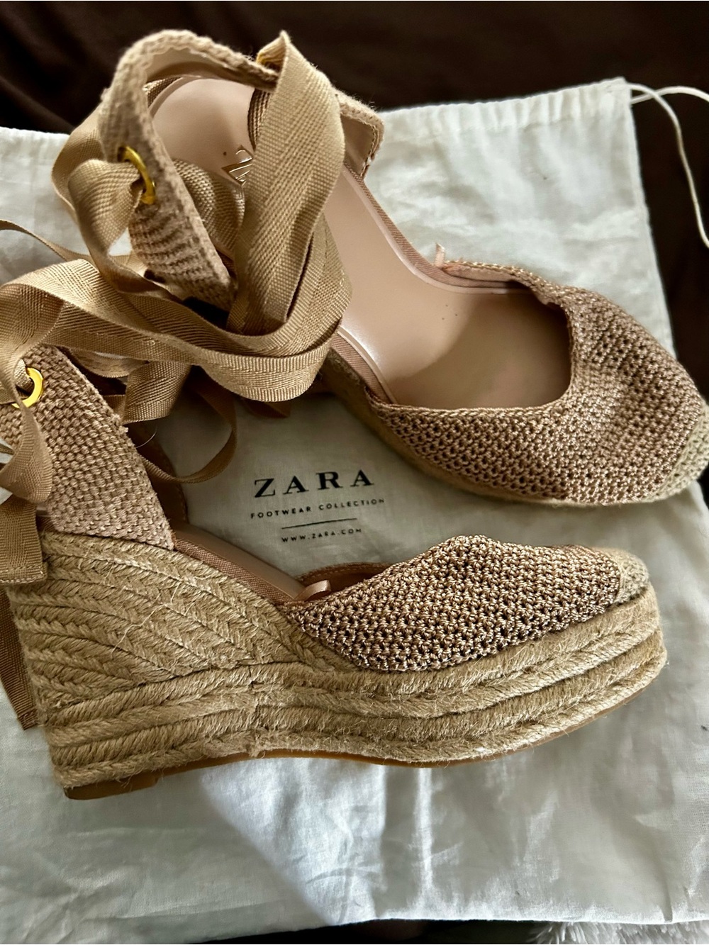 Zara Tan Woven Espadrille Wedge Sandals with Ankle Wrap